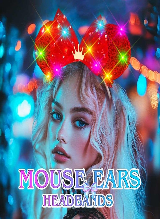 ACEDRE Light Up Mouse Ears Headband Sequin Bow Princess Crown Hair Accessories for Women (D-Red, One Size) - Image 2